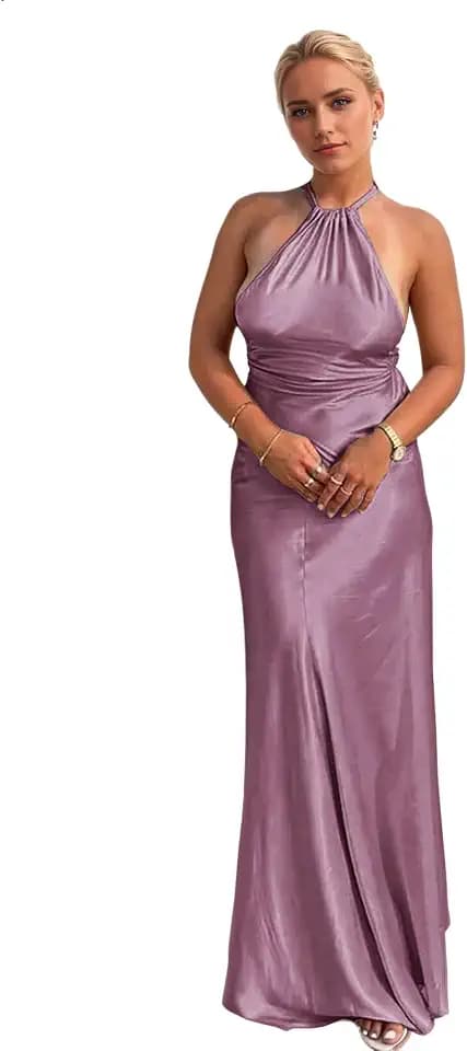 Halter High Neck Bridesmaid Dresses for Wedding Mermaid Satin Pleated Backless Long Formal Party Evening Gowns