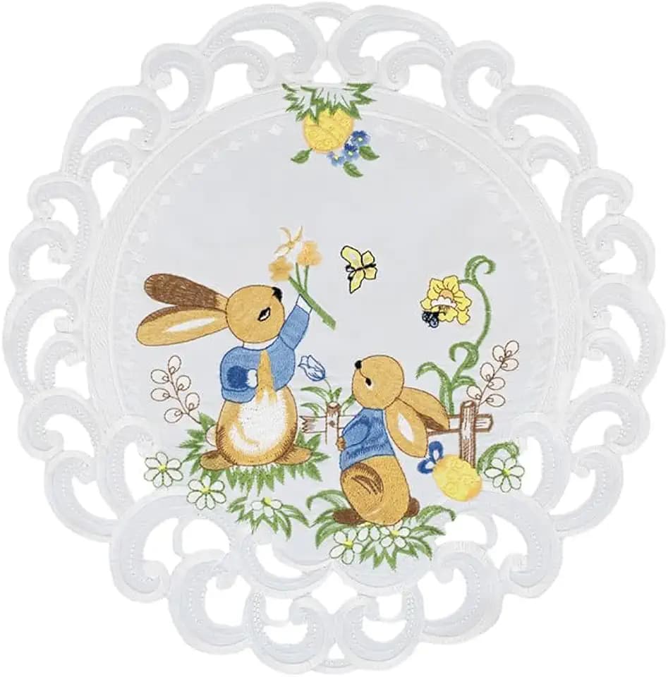 Easter Bunny Doily, Placemat, Decorative Round Embroidered Table Centerpiece, White with Spring Floral Design (15 Inch Round)