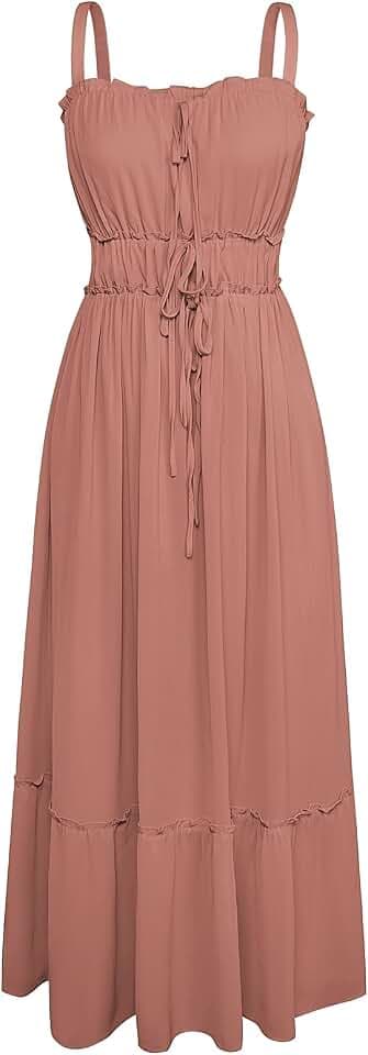 GRACE KARIN Damen Sommer Kleid Elegante Spaghettiträger A-Linie Freizeitkleid Maxi Casual Ãrmellos Strandkleide Rosa S