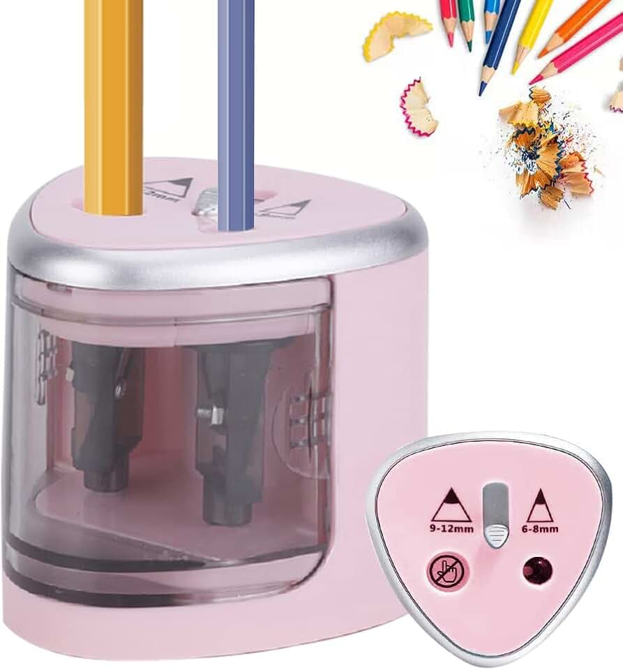 Elektrischer Bleistiftspitzer für Kinder, batteriebetrieben, Netzbetrieb, JIJICZ Doppelloch, robust, automatischer Bleistiftspitzer, kabellos mit großem Behälter für Heimbüro, Lehrer, Künstler, Rosa
