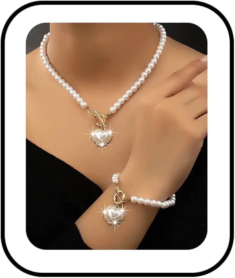 Pearl Heart Necklace Bracelet Set for Women Vintage Crystal Heart Pendant Charm Necklace Chunky Pearl Beaded Ot Toggle Clasp Choker Bracelet Dainty Bride Wedding Ball Jewelry