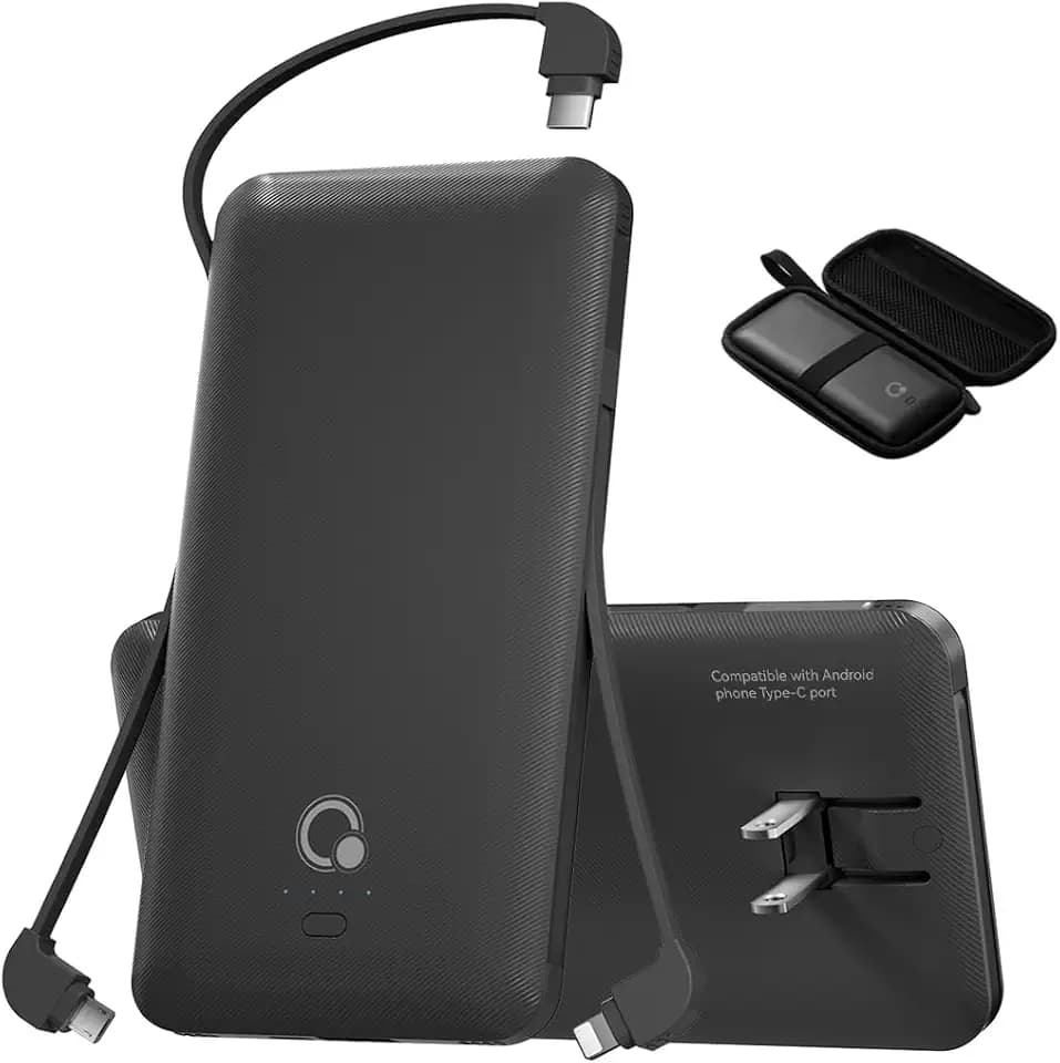 Brand Q Portable Charger with Built-in Cables and AC Wall Plug,Slim USB C Travel Essential Power Bank 10000mAh,External Battery Pack Compatible with iPhone,Samsung,Tablet and All Smart Phones