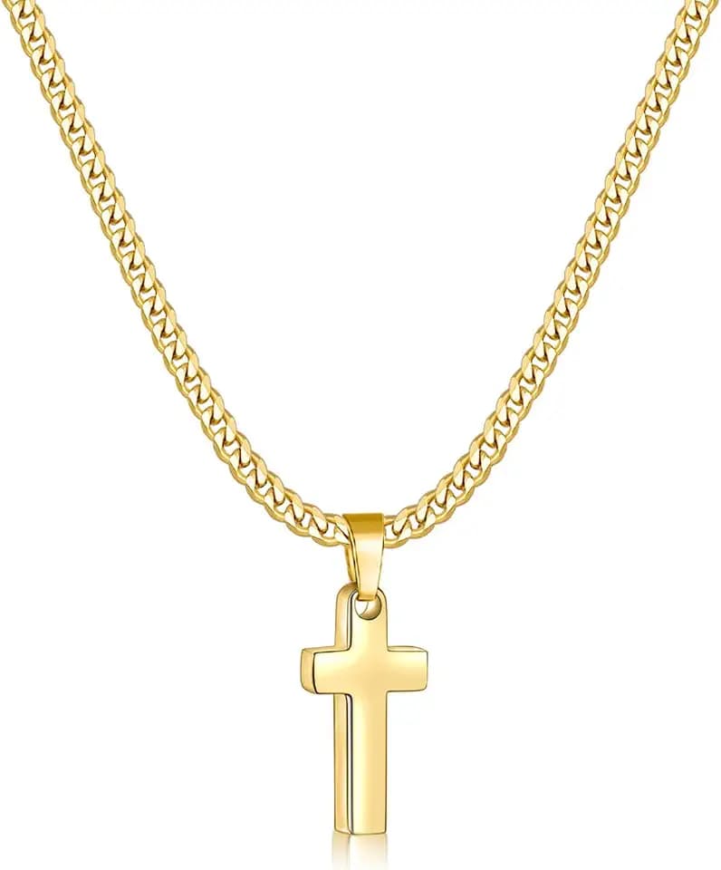 Fiusem 14K Gold Plated Cross Necklace for Men, Mens Cross Necklaces with 3.5mm Chain and Stainless Steel Small Pendant, Cuban Chain 16-24 Inch