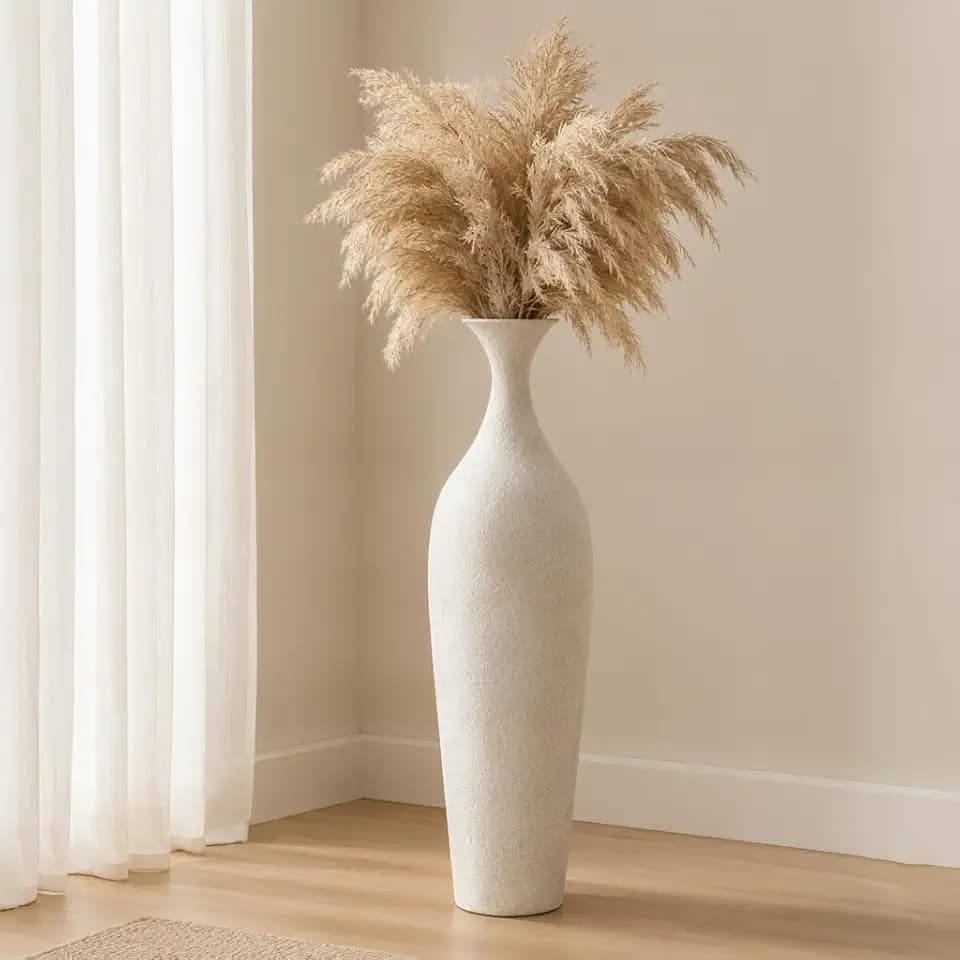 Metal Tall Floor Vase 23.2in (60cm) – White Textured Matte Boho Floor Vase for Pampas Grass, Slim Narrow Neck Large Decorative Standing for Living Room, Bedroom, Corner, Farmhouse Home Decor