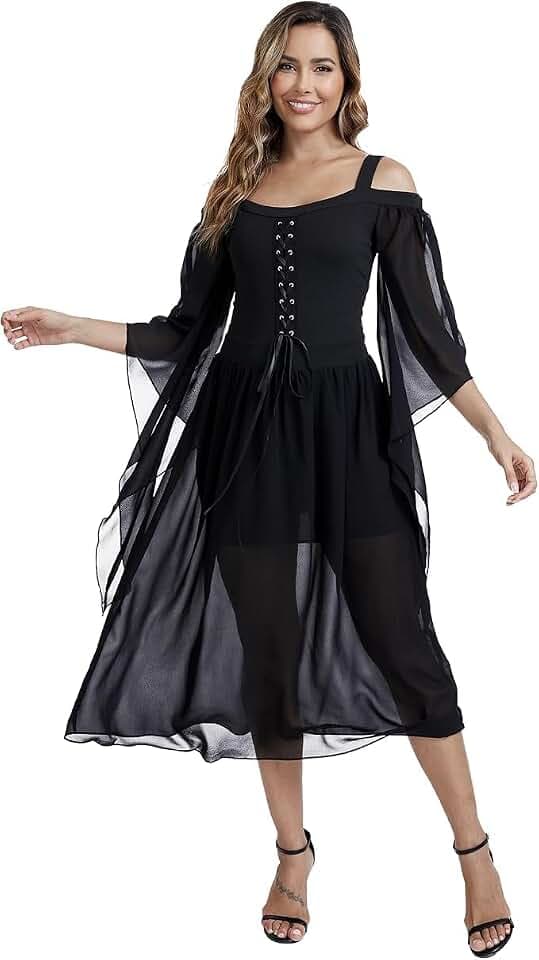 Women Renaissance Costumes Gothic Halloween Costume Cold Shoulder Butterfly Sleeve Lace Medieval Steampunk Dress