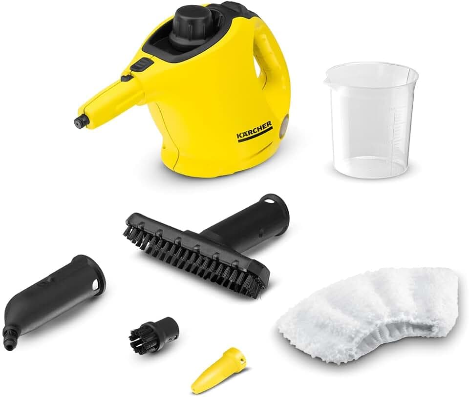 Kärcher Dampfreiniger SC 1, Dampfdruck: 3 bar, Aufheizzeit: 3 min., Leistung: 1.200 W, Flächenleistung: 20 m², Tank: 200 ml, mit Hand-, Punktstrahl- und Powerdüse, Mikrofaser-Überzug und Rundbürste