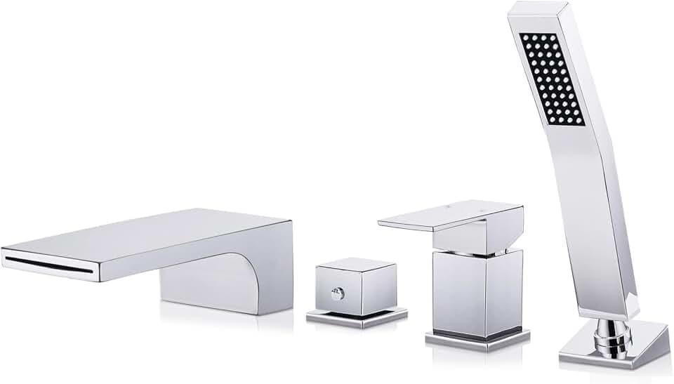 4 Loch Wannenrandarmatur Wasserfall, 4 Loch Badewannenarmatur mit Handbrause, Fliesenrandarmatur für Badewanne, Chrom, 10Y1OK