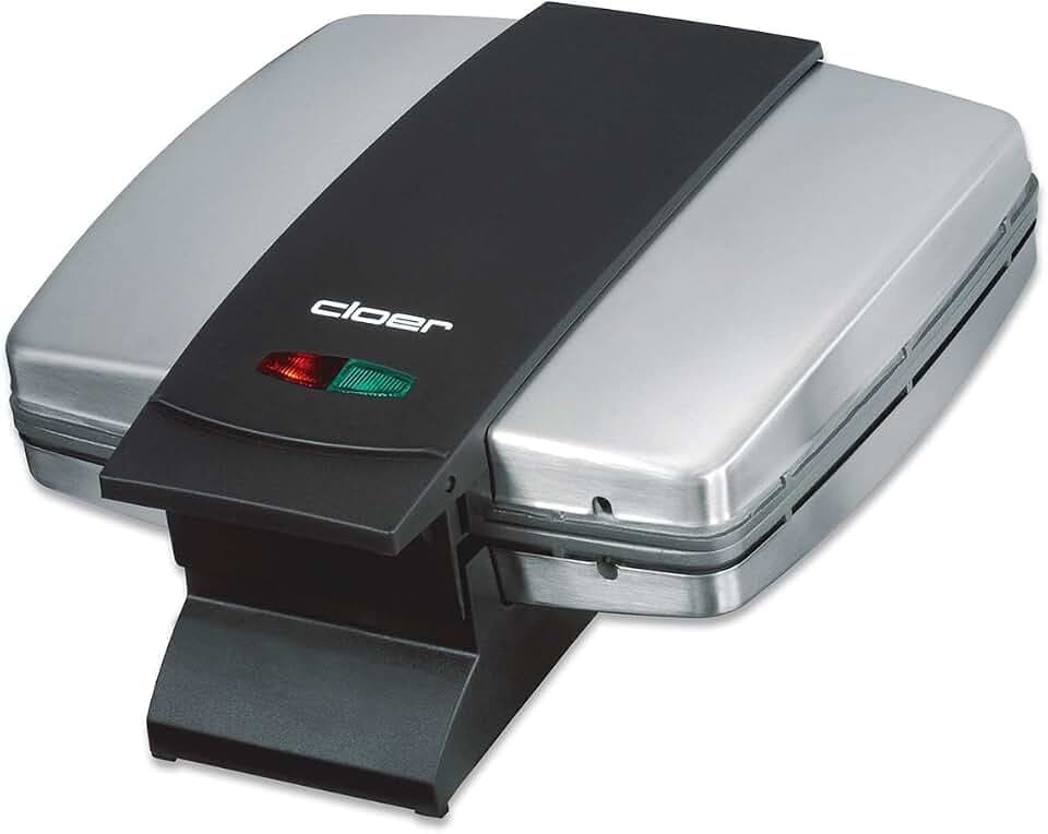 Cloer 6235 Sandwichmaker, 930 W, für 2 ganze Toast, Muschelform, optische Fertigmeldung, Kabelaufwicklung, mattiertes Edelstahlgehäuse