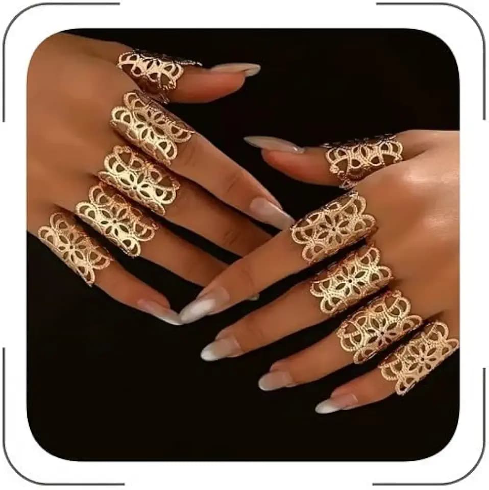 Vintage Gold Plated Floral Full Finger Statement Rings Set, Hollow Lace Design, Knuckle Rings for Women, 10 Pieces