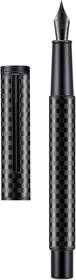 Hongdian Black Carbon Fiber Fountain Pen Extra Fine Nib Elegant Design Smooth Writer with Refillable Converter and Metal Pen Case Set
