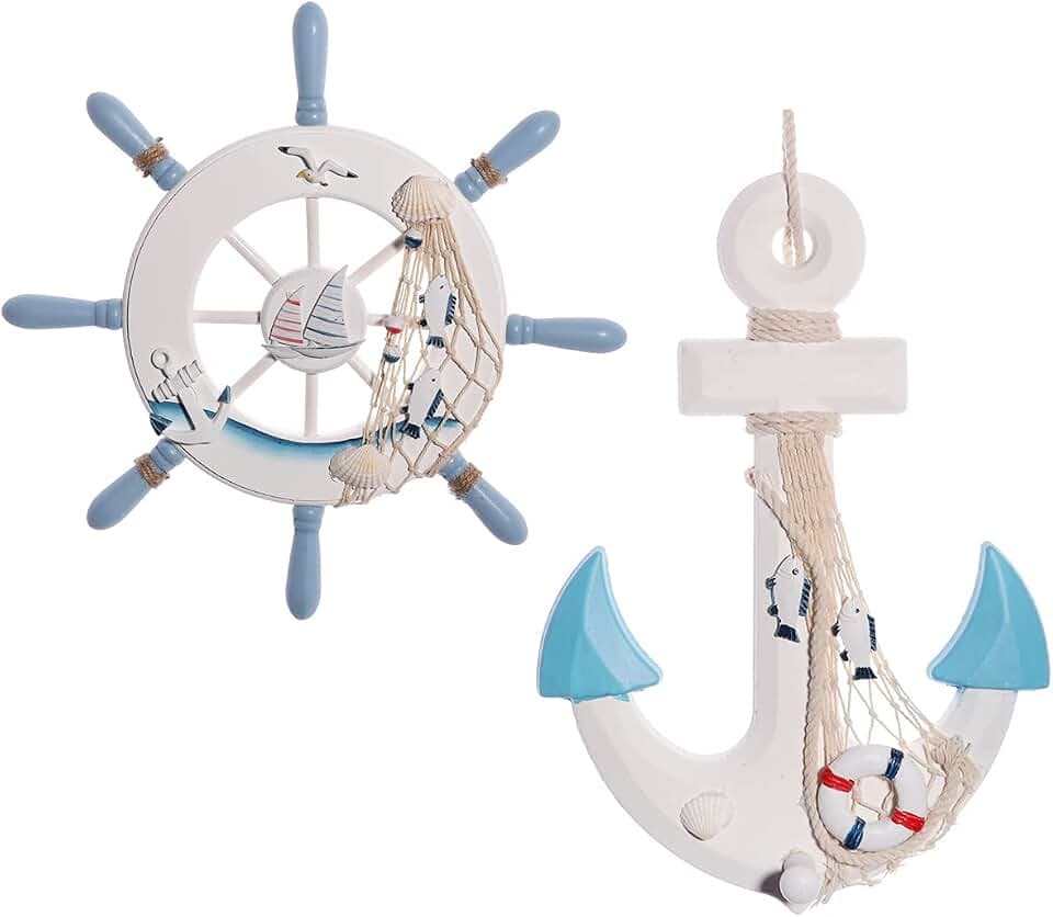 GengGeng 2 Pack 13 Beach Decor Wooden Ship Steering Wheel and Nautical Wooden Anchor, Nautical Boat Anchor Rudder Wall Door Hanging Ornament Decor Beach Theme Home Party Decoration (Light Blue)
