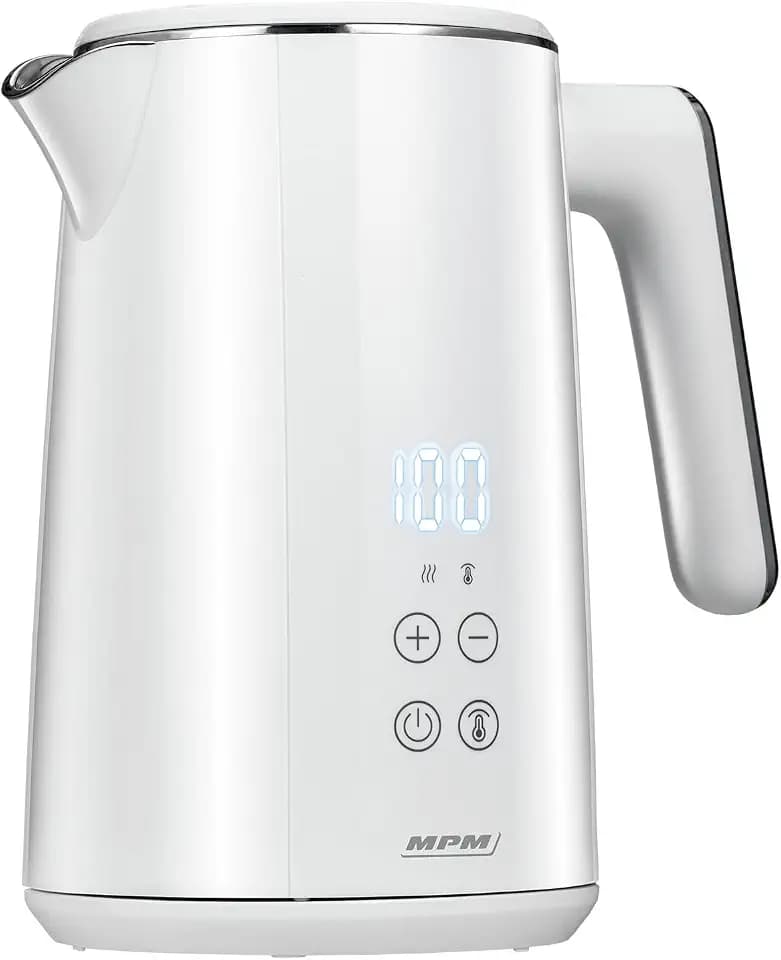 MPM MCZ-120 Wasserkocher 1,5L mit Doppelwand-Design, Temperaturregelung 40–100°C, Edelstahl-Innenbehälter, 2200W, Geräuscharm, Schnell aufheizend, Smart-Touch-Tasten, Leicht & Elegant, Weiß