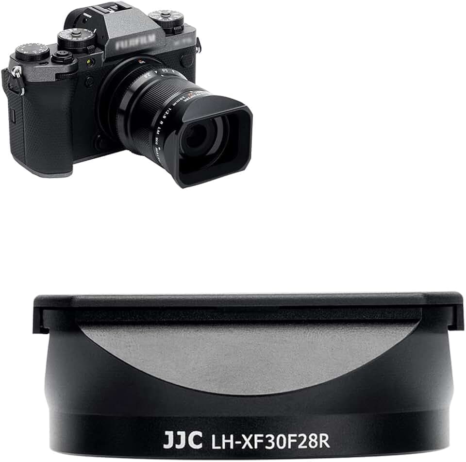 JJC Quadratische Metall-Kamera-Gegenlichtblende mit Deckel für FUJIFILM XF 30 mm f/2.8 R LM WR Makro-Objektiv – 43 mm Filter kompatibel