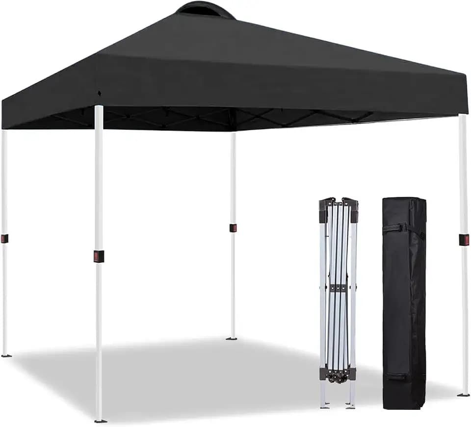 10x10 Pop Up Canopy Tent, Instant Folding Outdoor Shelter with High Strength Steel Frame and Handheld Carry Bag, Ground Stakes and Wind Ropes for Backyard Party, Camping, Beach Events, Black