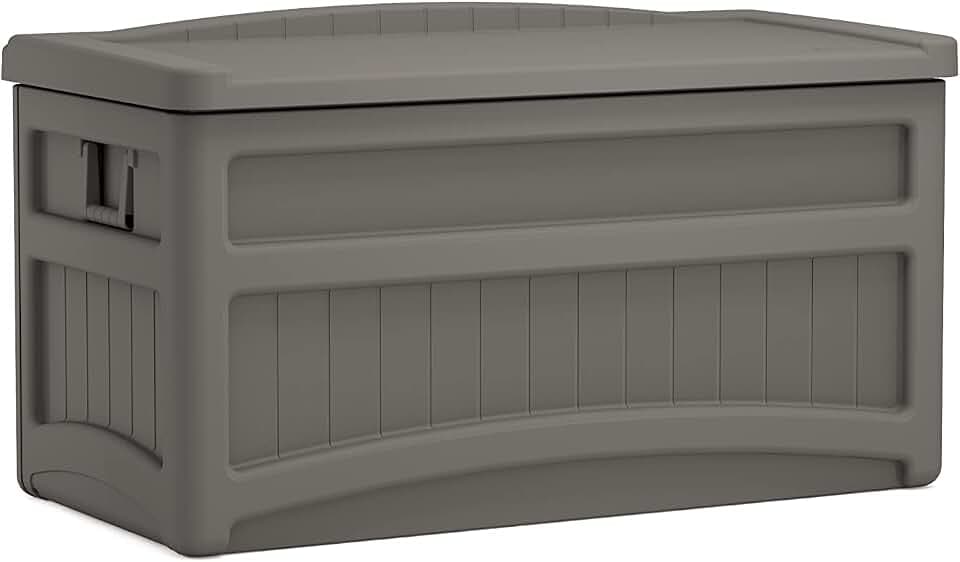 Suncast 73 Gal, Resin Deck Box with Wheels, Handles and Seat, Stoney
