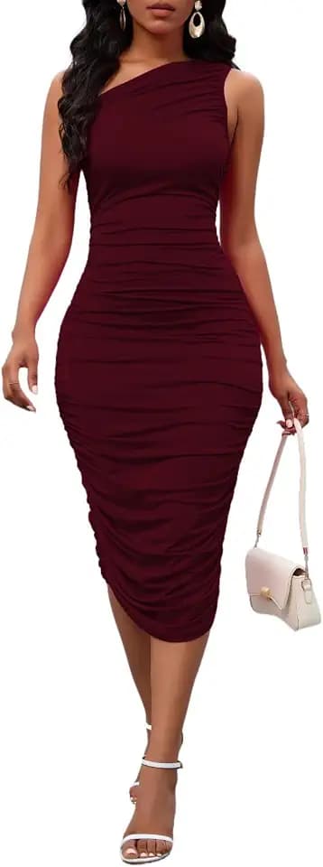 PerZeal Women's One Shoulder Ruched Bodycon Midi Dress for Party Evening