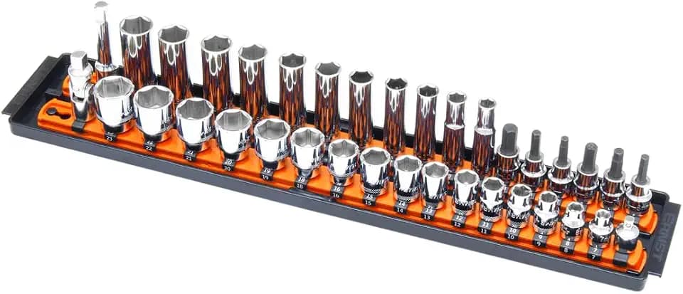 Ernst Manufacturing 8486 Socket Boss, Premium 2-Rail, 3/8 Inch-Drive Socket Organizer, 18-Inch, Orange - Made in USA