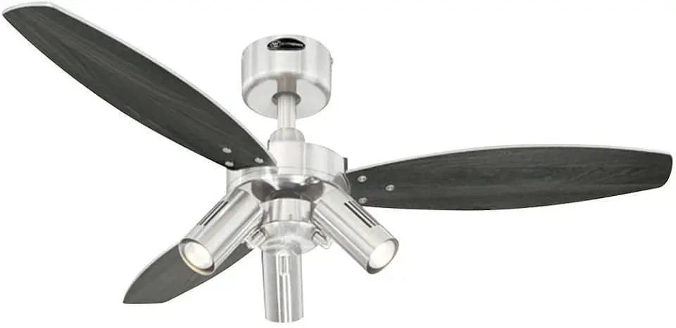 72290 Jet Plus, moderner 105 cm Deckenventilator von Westinghouse Lighting mit Beleuchtung, Ausführung in gebürstetem Nickel, mit Strahlern, inkl. Fernbedienung