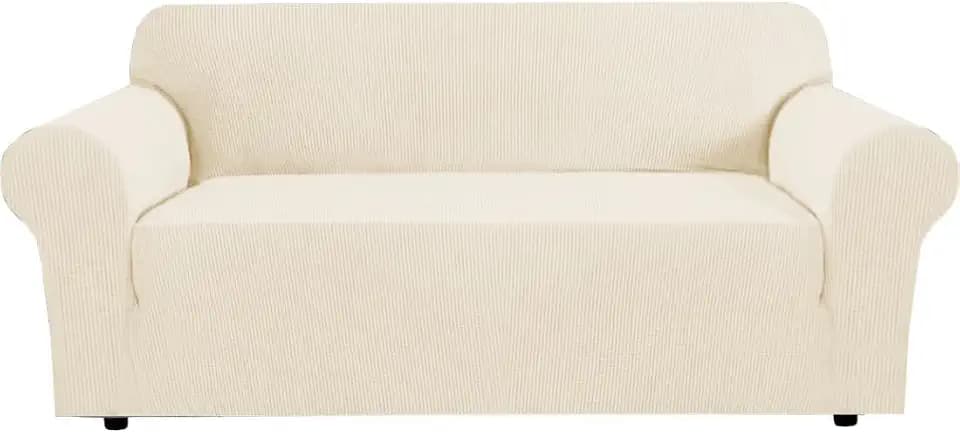 H.VERSAILTEX Stretch Couch Covers for Sofa 1 Piece Slipcovers for Couches and Sofas 3 Seater Couch Cover Feature Thick Checked Jacquard Fabric with Elastic Bottom, 72"-88" Wide, Butter Cream