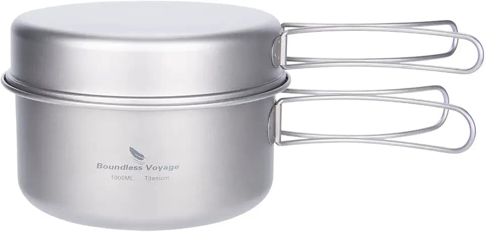 iBasingo Titan Topf Pfanne Set Camping Kochgeschirr Leichtes Outdoor Kochset (1000ml Topf + 500ml Schüssel) mit Klappgriff, Küchenzubehör für Wandern, Backpacking, Trekking & Reisen Ti2042C