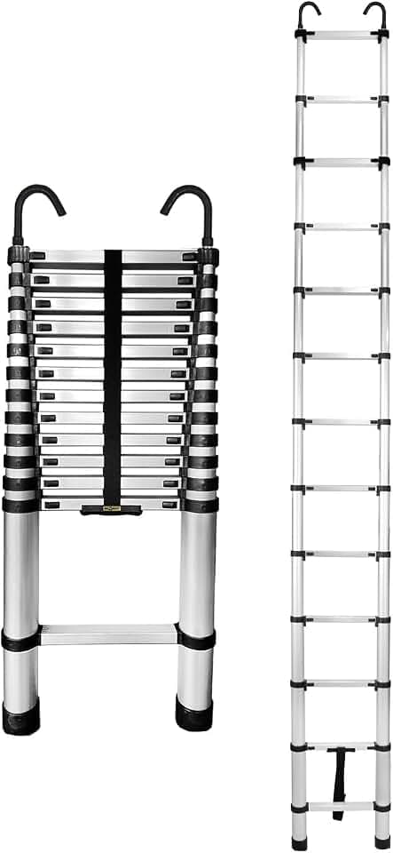 Drabest - Teleskopleiter aus Aluminium mit Befestigungshaken - Leiter Ausziehbar - Klappleiter, Aluleiter - Mehrzweckleiter - Multifunktionsleiter, Ausziehleiter - Klappbar - 13 Stufen - Höhe 3,8m