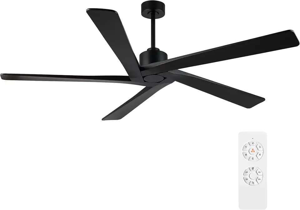 WINGBO 72 Inch DC Ceiling Fan No Light with 3 Downrods, 5 Reversible Carved Solid Wood Blades, 6-Speed Noiseless DC Motor, Large Ceiling Fan without Lights in Black Finish, ETL Listed