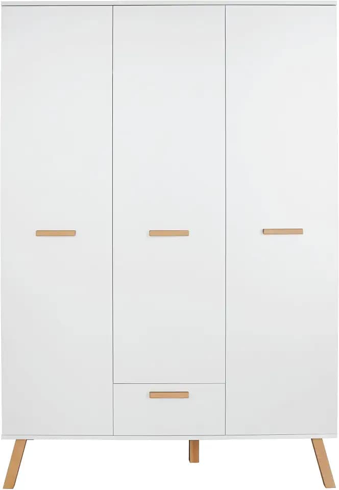 trendteam smart living - Mats - Wardrobe - Weiß - Kleiderschrank mit 3 Türen, 1 Schublade, 2 Kleiderstangen - (BxHxT) 130 x 190 x 60 cm - mit lackierten Massivholzfüßen und Griffen