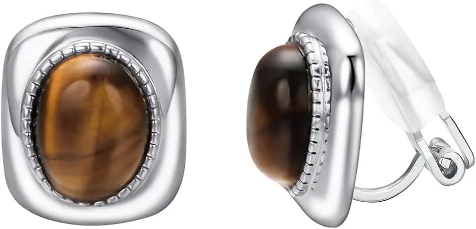 Yoursfs Brown Tiger Eye Clip on Earrings for Women Trendy Small Clip on Earrings Women 18K Gold Plated Non Pierced Jewelry