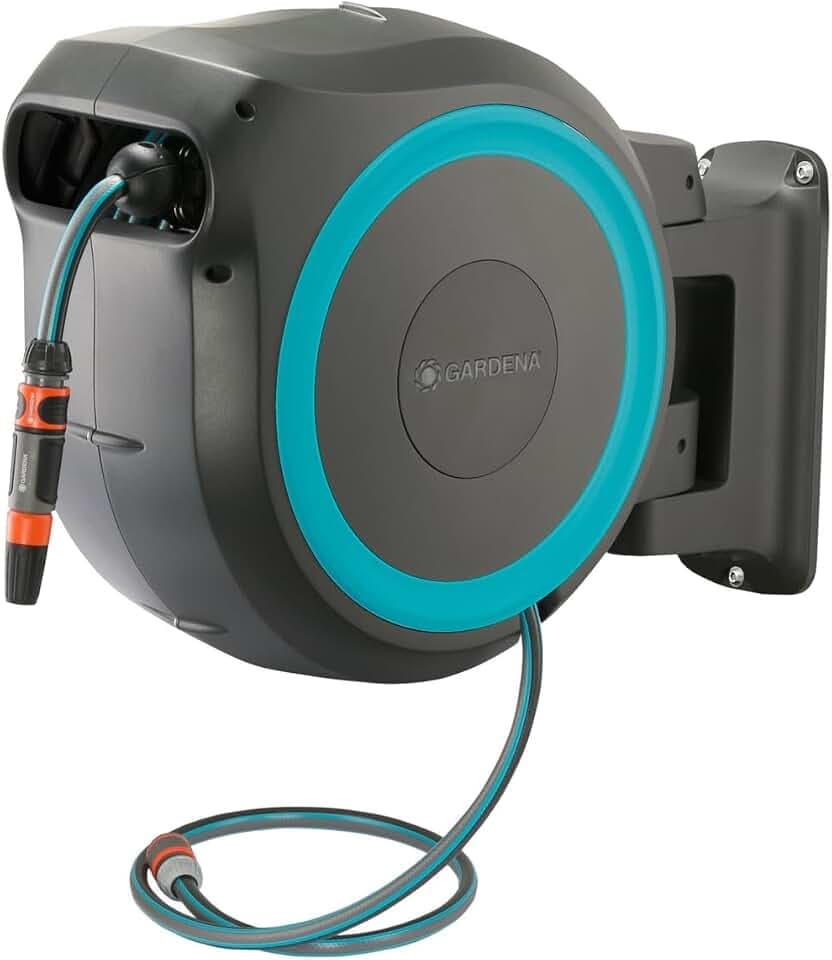 GARDENA Retractable Garden Hose Reel - 115 Feet - Auto Retract Hose Reel with 180° Swivel Wall Mount - Heavy Duty - Integrated Spray Nozzle - 18630
