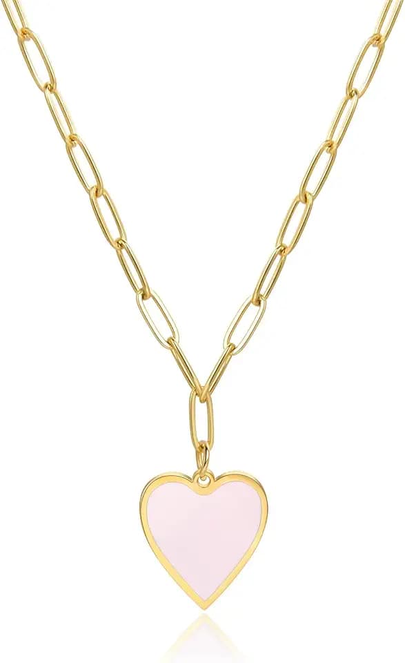 Heart Enamel Pendant Gold Plated Paperclip Chain Necklace Preppy Jewelry