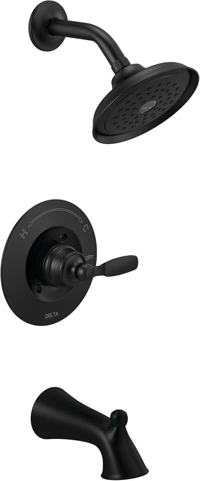 Delta Faucet Woodhurst 14 Series Single-Handle Matte Black Tub and Shower Faucet, Shower Trim Kit with Single-Spray Matte Black Shower Head, Matte Black T14432-BL (Valve Not Included)