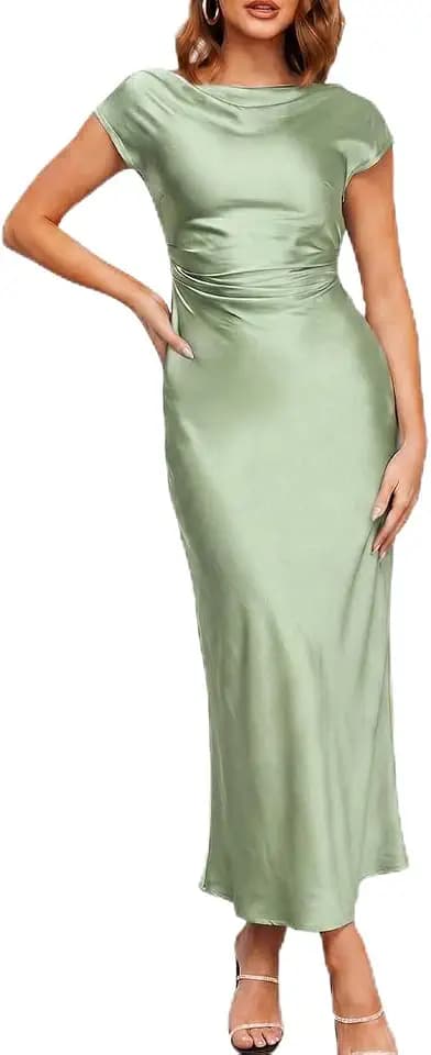 Gmeitoey Women's Formal Satin Backless Midi Dress Cocktail Wedding Guest