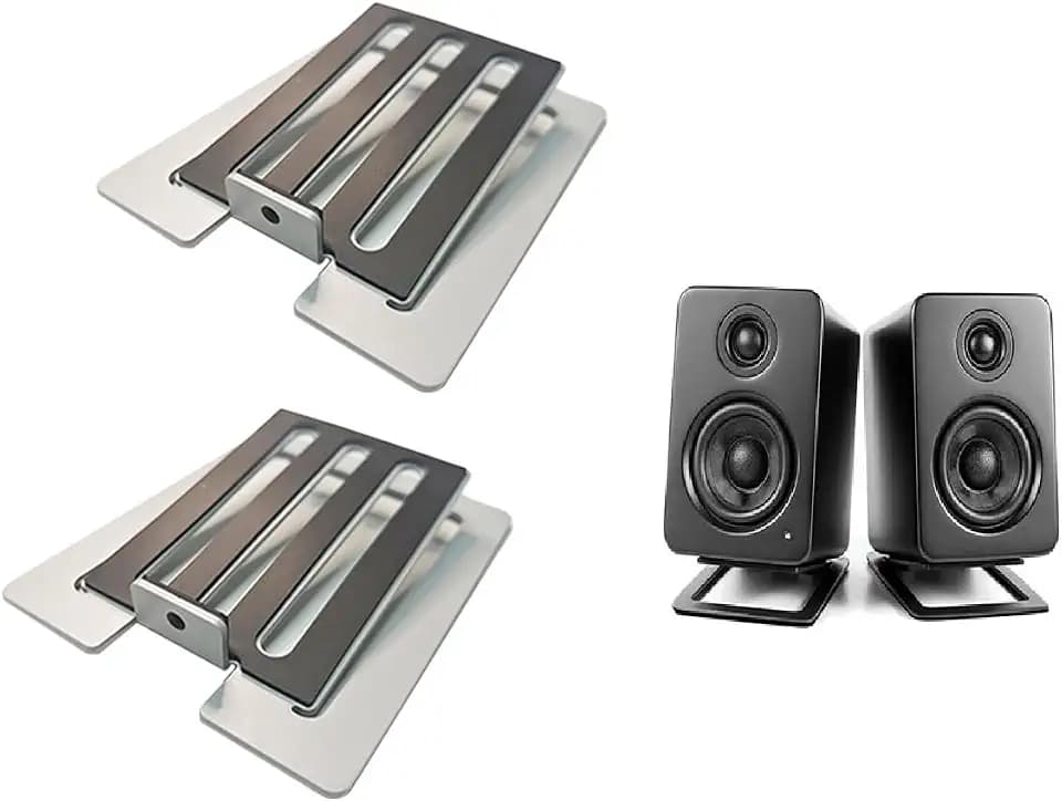 U-Z2 【2PACK】 Desktop Speaker Stands Pair for Small Speakers, Tilted Steel Tabletop Stands with Foam Padding, Fits Compact Studio Monitors, Computer Speakers (A/Gray)