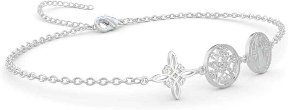 Only faith Dreifaches Armband mit Hexenknoten, Tetragramaton und Medaille des Heiligen Benedikt, Edelstahl 316L, 17 cm verstellbar, Kette 1 mm, Esoterisches Amulett, Gold und Silber