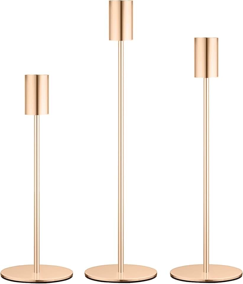 Kerzenständer Gold 3 Set, 22/27/32cm Kerzenständer Stabkerzen, Hoch Metall Stabkerzenhalter, Kerzenhalter Adventskranz für Romantisches Candle Light Dinner,Jubiläum,Hochzeitsfeier (Gold)