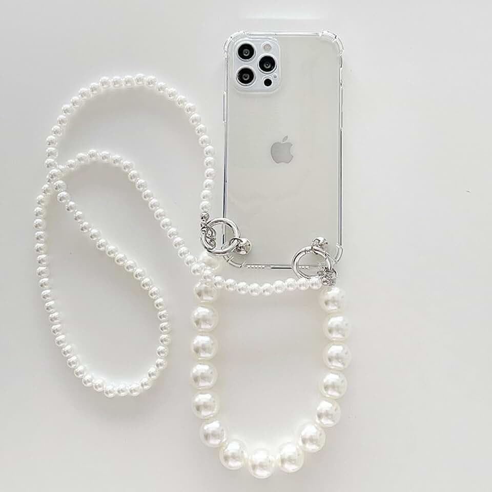 Handykette für iPhone 15 Pro Hülle mit Band Perlen,Transparent Handyhülle mit Kette Perle Necklace Hülle mit Schnur Weich Silikon Schutzhülle Lanyard Case Stoßfest Cover-Clear