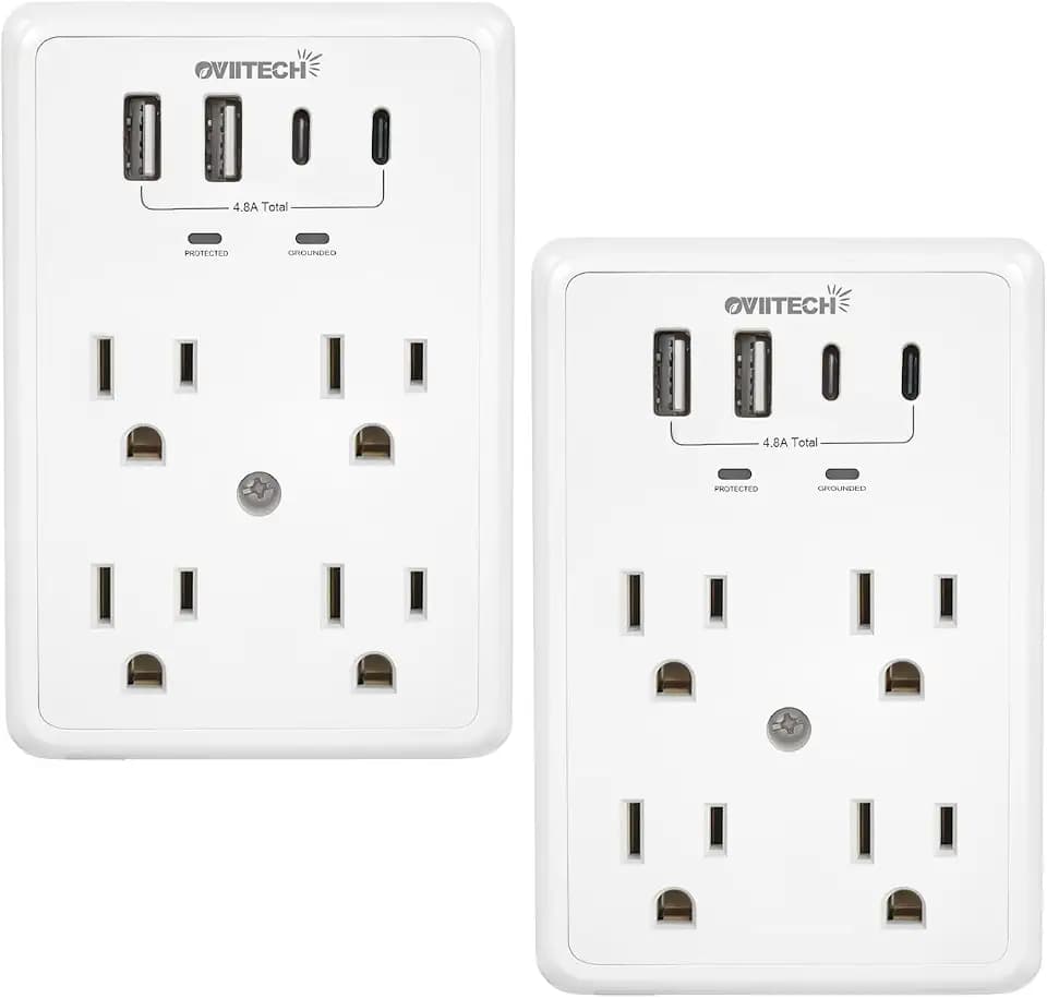 Multi Plug Wall Mount Adapter Power Strip, White, 2 Pack