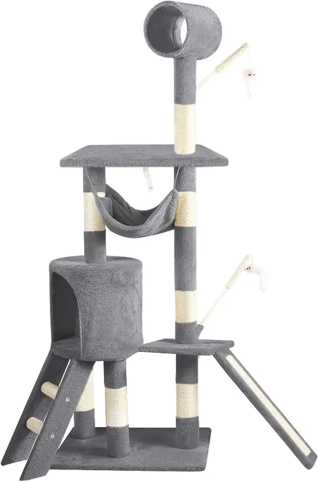 VOUNOT Kratzbaum Katzenbaum Groß XL, Kletterbaum mit Hängematte Plattformen Höhle Sisalseil für Katzen, 154cm, Grau