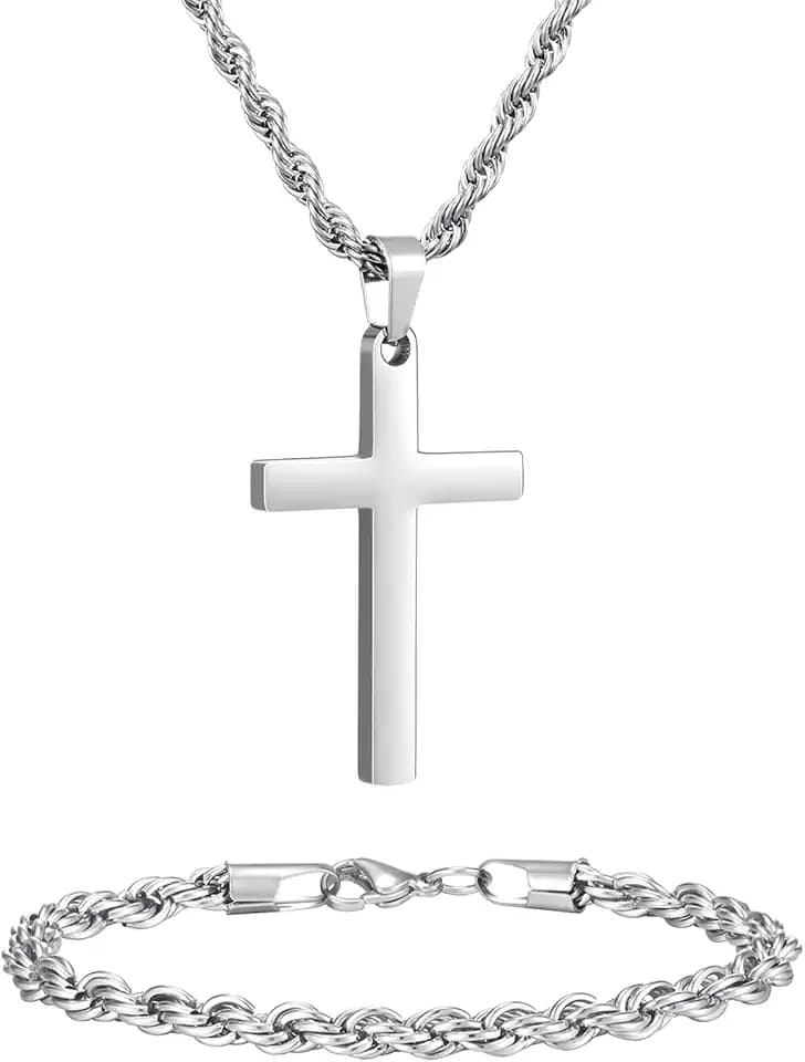 NORBU Stainless Steel Cross Necklace and Bracelet Set for Men, Cuban Link