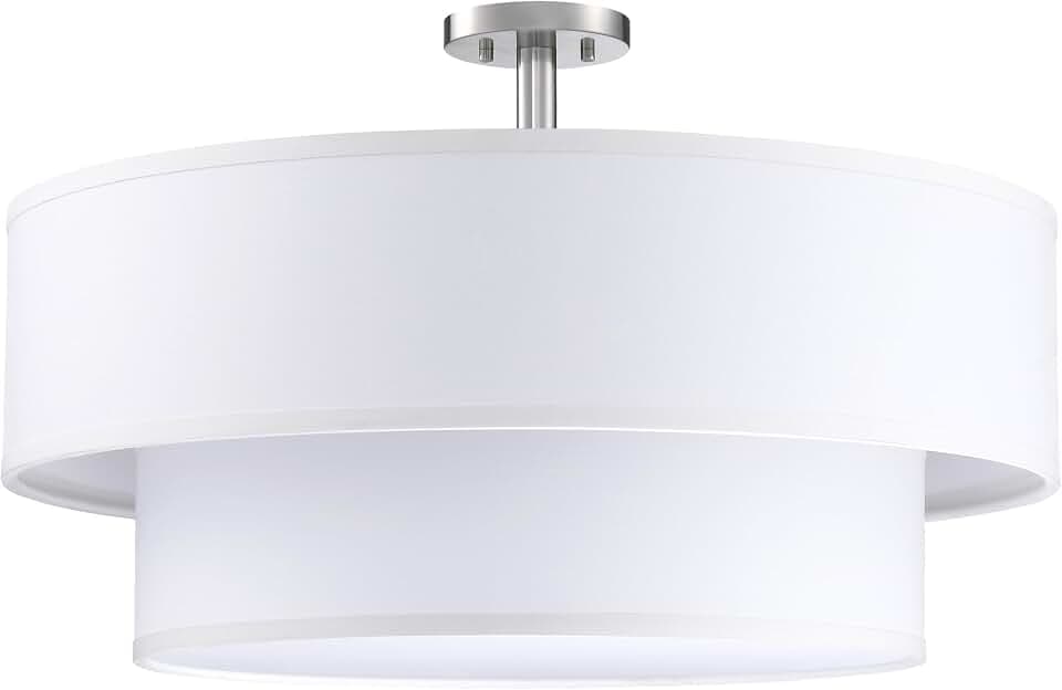 24" 2 Tier Linen Drum Fabric Modern Farmhouse Semi Flush Mount Light