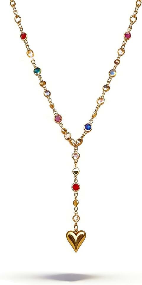 Colorful Heart Y Necklace for Women - Gold Plated Long Chain with Multi-Color Charms, Fashion Heart Charm Pendant Jewelry for Daily & Party Wear