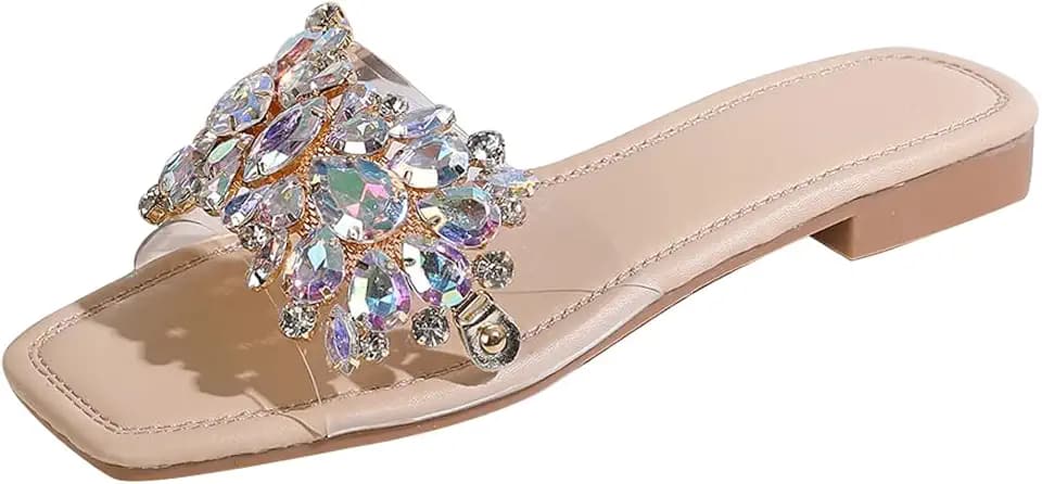 Verdusa Women's Rhinestone Clear Flat Sandals Square Toe Slide Sandals