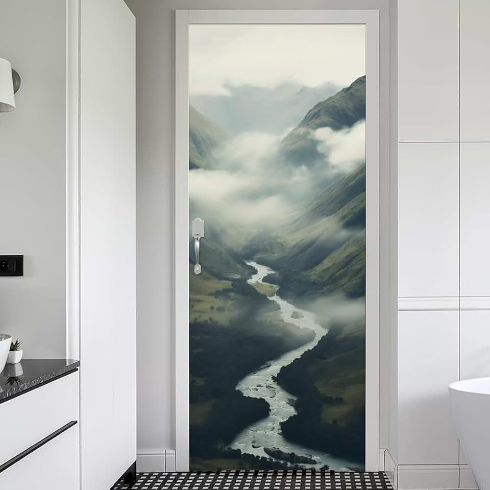 REDAMANCY Smoky Green Mountain River Meadow Landscape Peel and Stick Stickers Vinyl Door Mural Decals Decor Modern Self-Adhesive, Waterproof, Removable