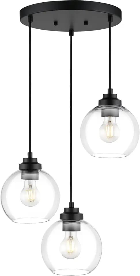 7-Inch Black Kitchen Island Light,Clear Globe Glass,3-Light,BK-3C