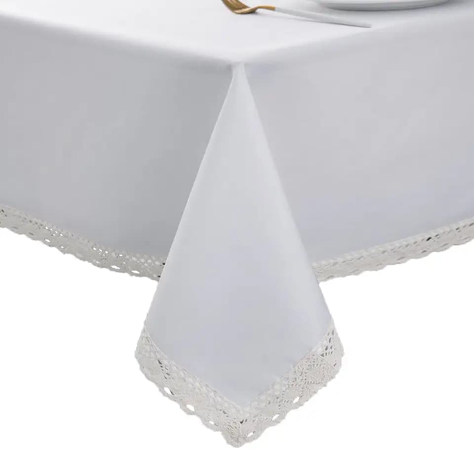 EHouseHome Faux Linen Tablecloth with Lace Trim - Waterproof/Spill Proof/Stain Resistant/Wrinkle Free/Oil Proof - for Banquet, Parties, Dinner,Wedding,Holiday,White,Rectangle 60x144Inch