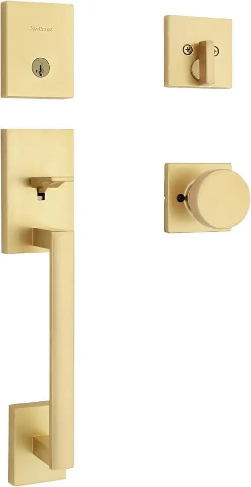 Kwikset San Clemente Front Door Lock Handle and Deadbolt Set, Entry Handleset Exterior with Square Pismo Interior Door Knob, Satin Brass, Pick Resistant SmartKey Rekey Deadbolt Security
