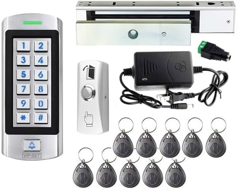 Stainless Waterproof Door Access Control System Kit, 300kg/660lbs Force Electric Magnetic Door Lock Kit with RFID Keypad/Reader Home Security System 10 Keyfobs 110V Power Supply Metal Exit Button