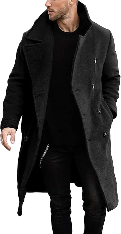 Runcati Herren Mantel Regular Fit Trenchcoat Langes Revers Zweireihig Wolle Business Winterjacke Peacoat