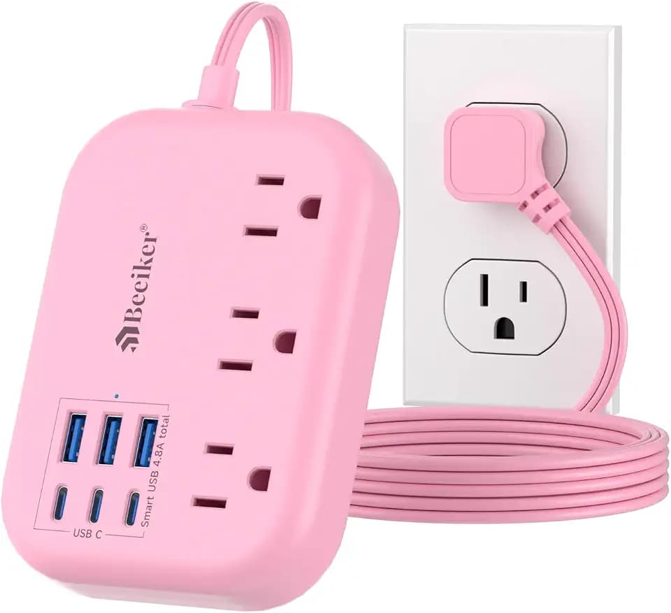 Beeiker 6 USB (3 USB C) Pink Power Strip, 5Ft Extension Cord, 3 Outlets
