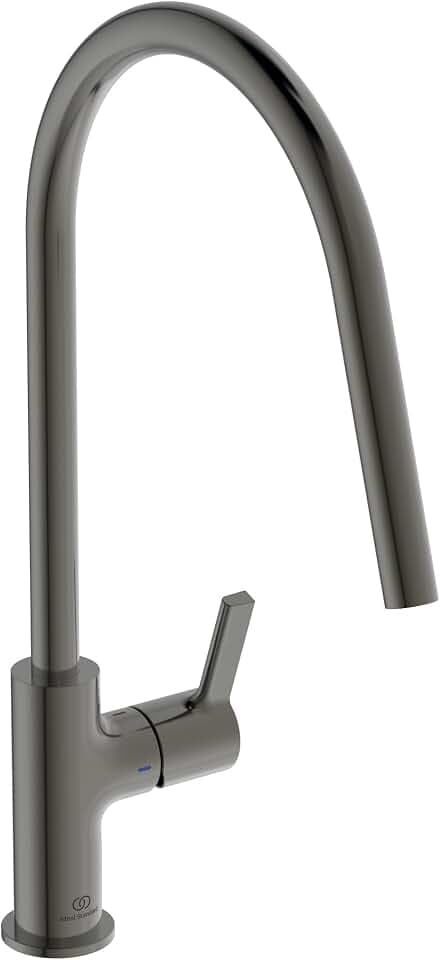 Ideal Standard – Gusto Küchenarmatur, Hoher Auslauf mit zylindrischem Querschnitt, mit FirmaFlow Kartusche, Schwenkbereich 360°, Schnellmontagesystem EasyFix+, Magnetic Grey